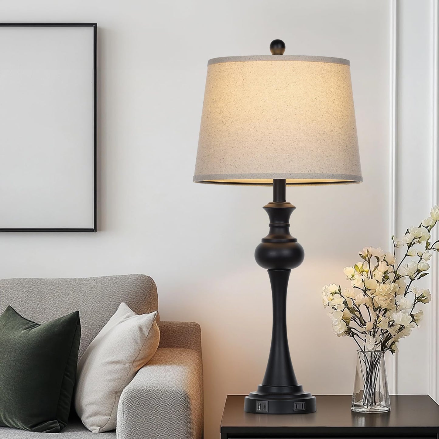 CINSARY Modern 3-Way Dimmable Table Lamp Set of 2, Black Metal with Beige Fabric Shade, USB A+C Ports, Model TD-CS-556