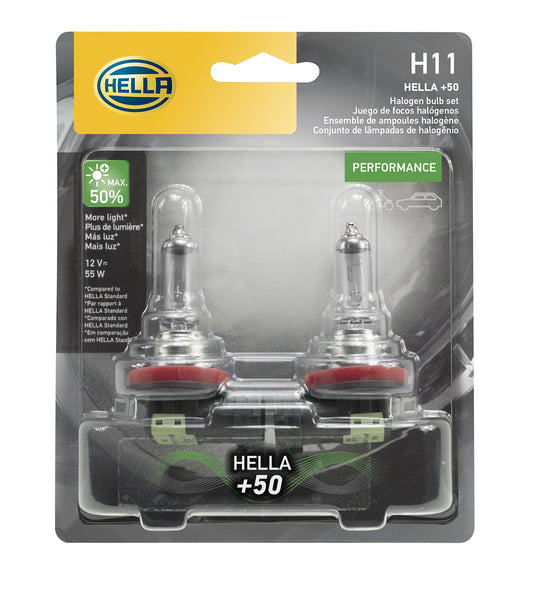 Hella H11P50TB Twin Blister +50 Performance Bulb, 12V, 55W, 2 Count, Silver